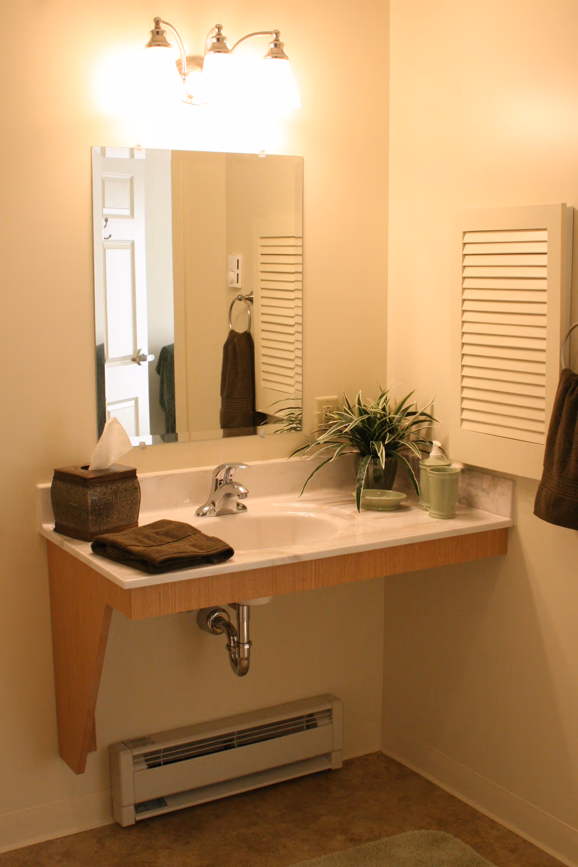 A bathroom sink area with a wall-mounted mirror above it, a silver faucet, a tissue box, a folded brown towel, a green potted plant, and a soap dispenser on the countertop. There is a brown towel hanging on a ring on the wall and a vent heater below the sink.