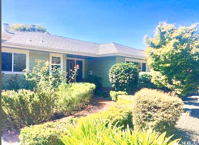Exterior view of a single-story residential building with green siding, surrounded by well-maintained bushes and trees under a clear blue sky.