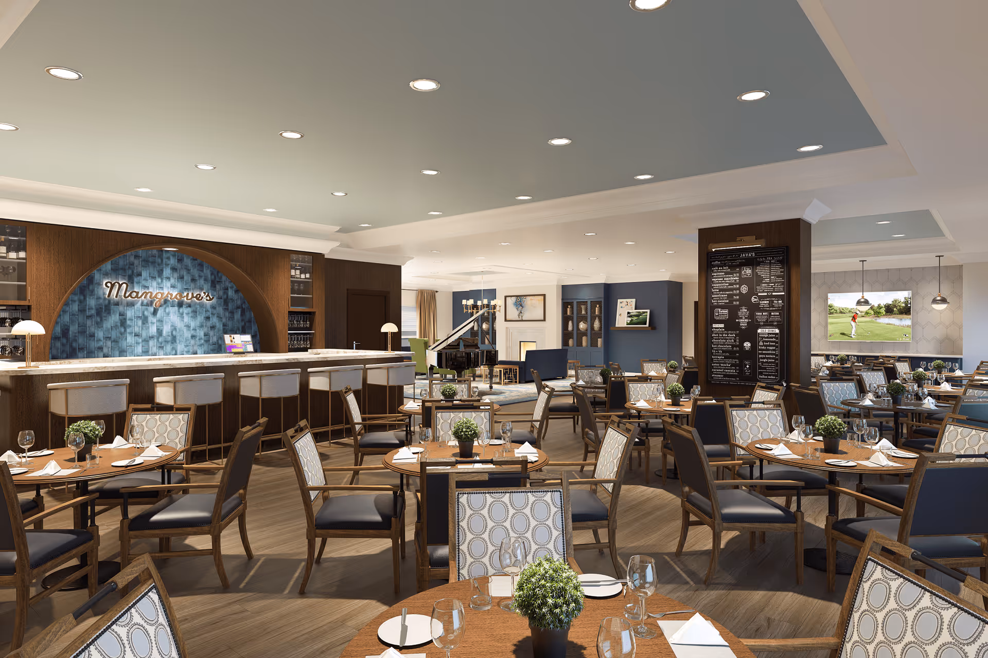 A spacious and elegant dining room with multiple round wooden tables set with plates, glasses, and napkins. Each table has a small potted plant centerpiece. The room features a bar area with high stools and a sign that reads 'Mangrove's' on a blue tiled wall. In the background, there is a lounge area with a grand piano, fireplace, and comfortable seating. A large menu board is displayed on a wooden pillar, and a television shows a golf game. The ceiling has recessed lighting, and the overall decor is modern and inviting.