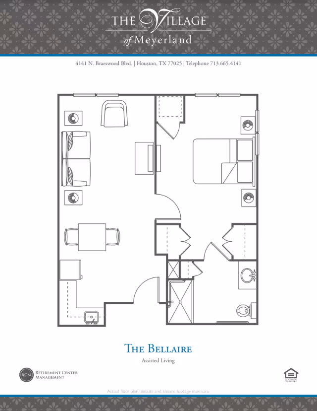 Floor plan of 'The Bellaire' assisted living one-bedroom unit showing a living room, kitchen, bedroom, and bathroom.