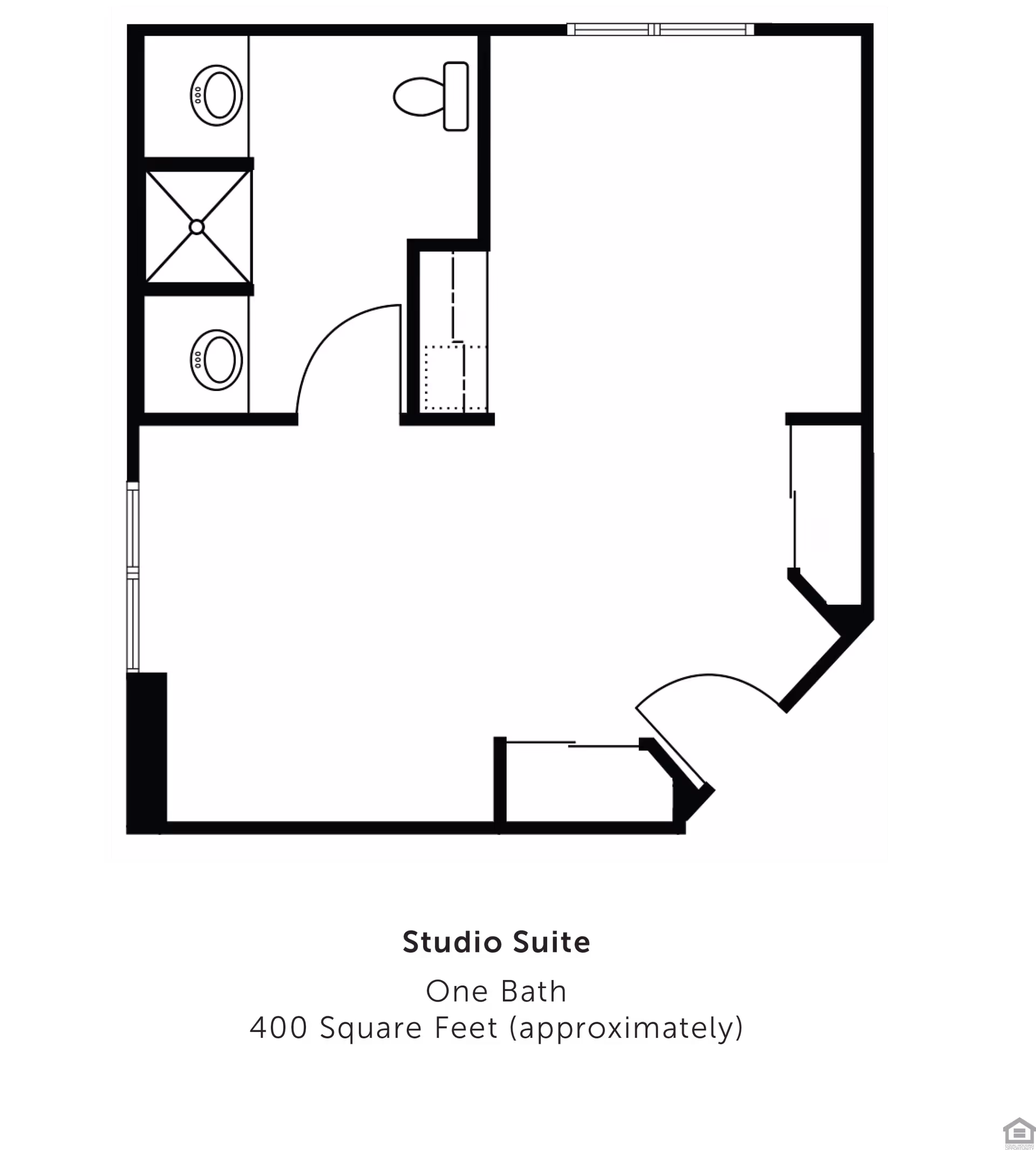 Black-and-white floor plan diagram of a studio suite showing one bathroom, closets, and entry layout.