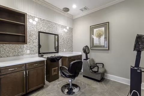 Interior view of a salon or grooming area with a styling chair in front of a large mirror mounted on a speckled wall. There are dark wood cabinets and white countertops along the left side. A comfortable armchair and a standing hair dryer are also visible. The room has neutral-colored walls and a framed picture of a tree hanging on the wall.