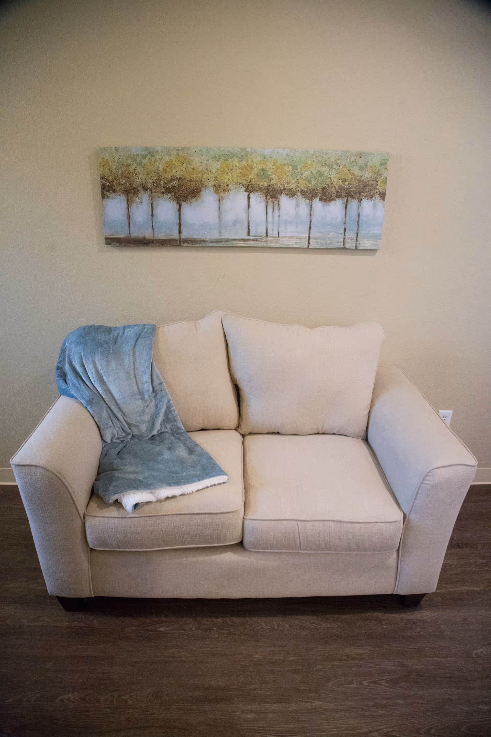 Beige two-seat sofa with a blue throw draped over the left side, beneath a rectangular landscape painting of trees on a neutral wall.