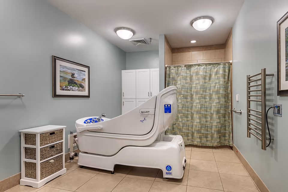 A clean, well-lit bathroom with a specialized bathing chair designed for assisted bathing. The room has light green walls, beige tiled floor, a shower area with a green patterned curtain, a wicker drawer unit, a towel rack, and framed artwork on the walls.