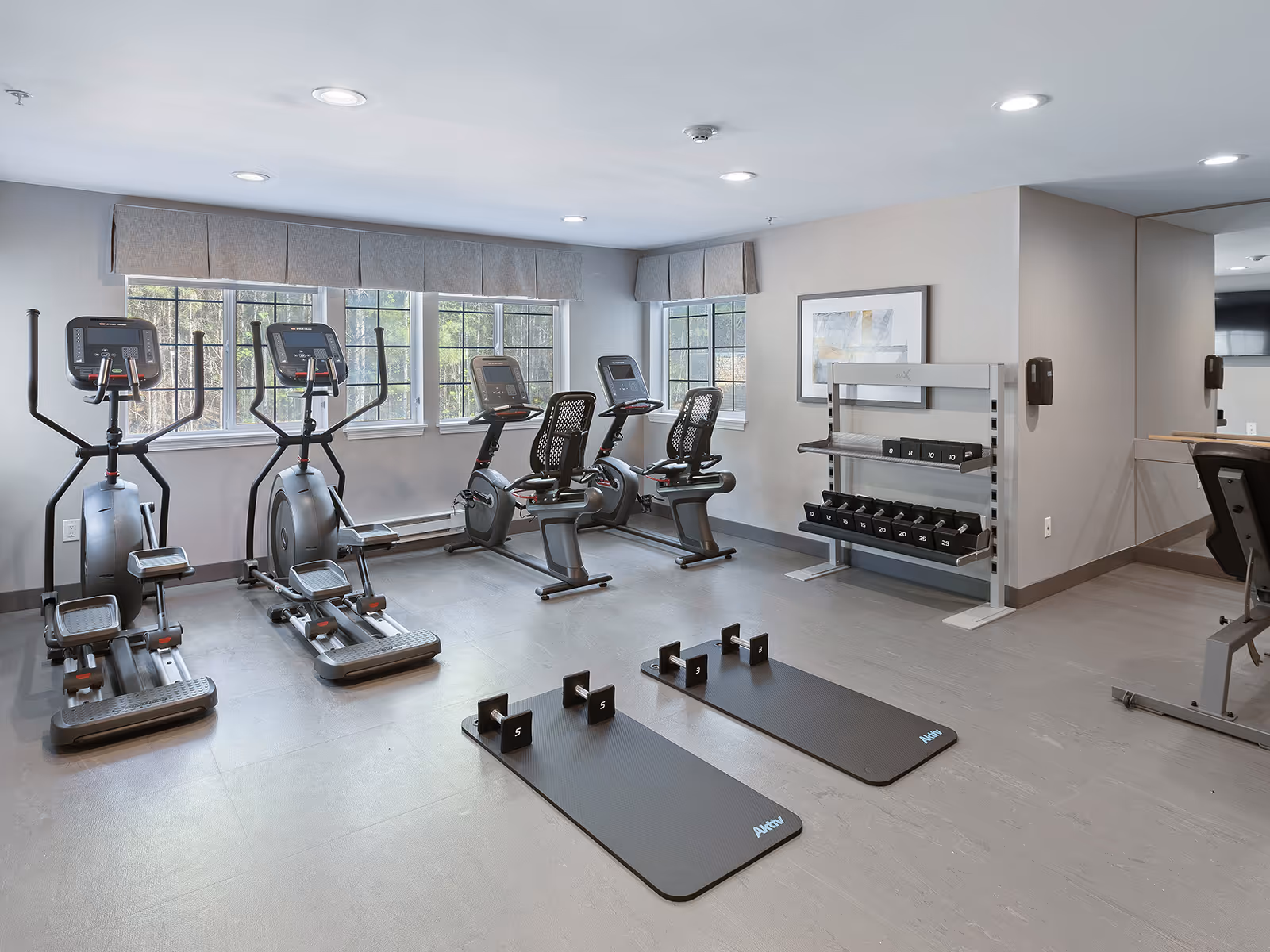 Well-lit fitness room with elliptical and recumbent bikes, a dumbbell rack and exercise mats in front of windows.