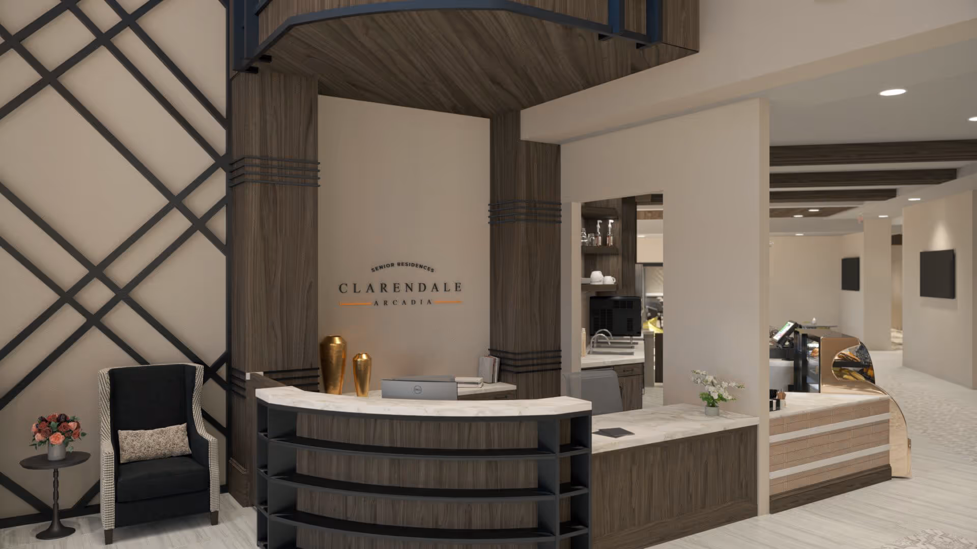 Reception desk and seating area inside the Clarendale Arcadia senior living facility lobby.