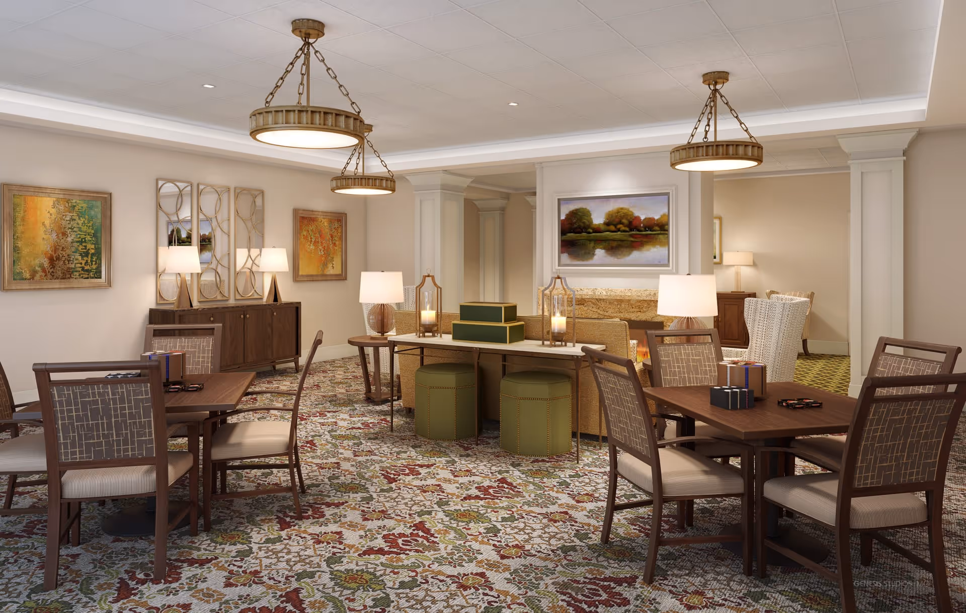 A spacious and elegantly decorated common area with multiple wooden tables and chairs arranged on a patterned carpet. The room features warm lighting from ceiling fixtures and table lamps, with artwork and mirrors adorning the walls. There is a cozy seating area with armchairs and a fireplace in the background.