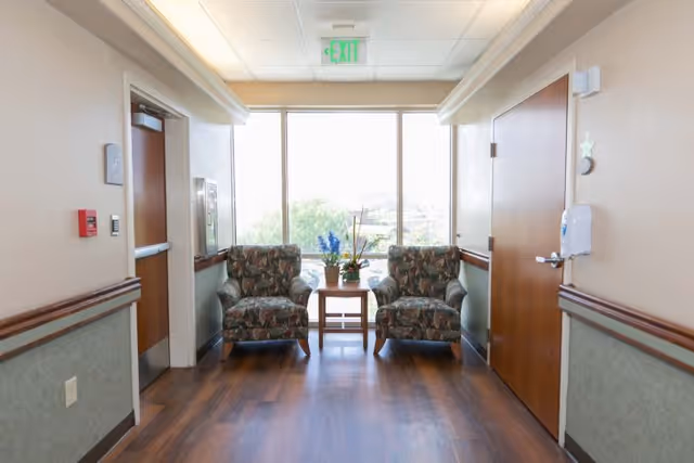 A bright hallway seating area with two patterned armchairs flanking a small table in front of a large window.