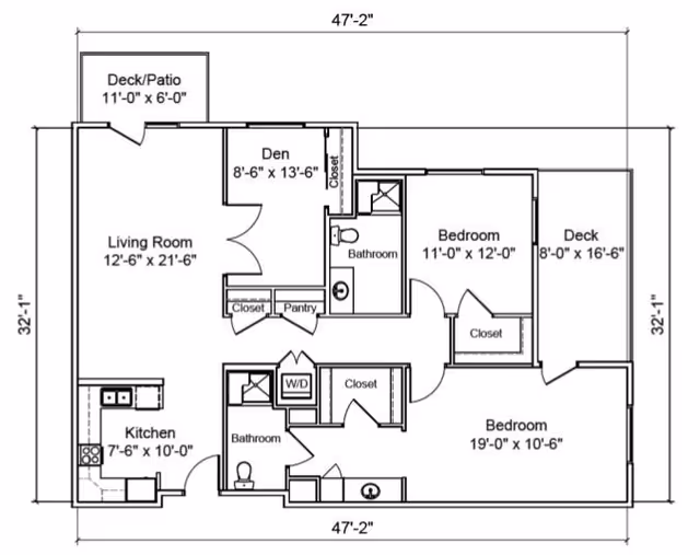 Architectural floor plan of a residential unit at Majestic Rim Retirement Living showing dimensions and layout of rooms including two bedrooms, two bathrooms, a kitchen, living room, den, closets, pantry, washer/dryer area, and two decks/patios.