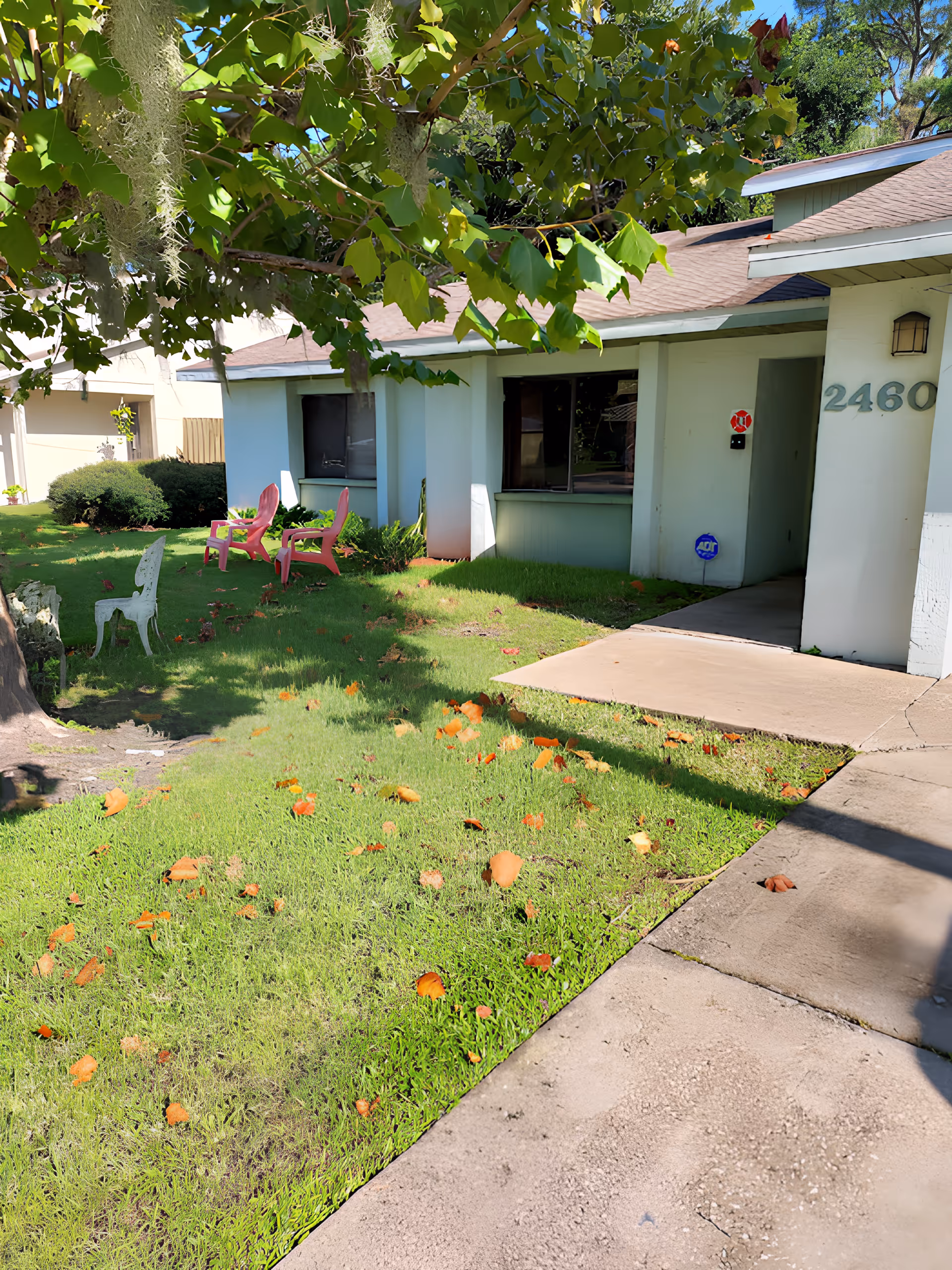 Outdoor view of a single-story building with the number 2460 on the wall near the entrance. The building is surrounded by green grass with scattered fallen leaves and shaded by a tree with hanging moss. There are two pink chairs and one white chair placed on the grass near the building.