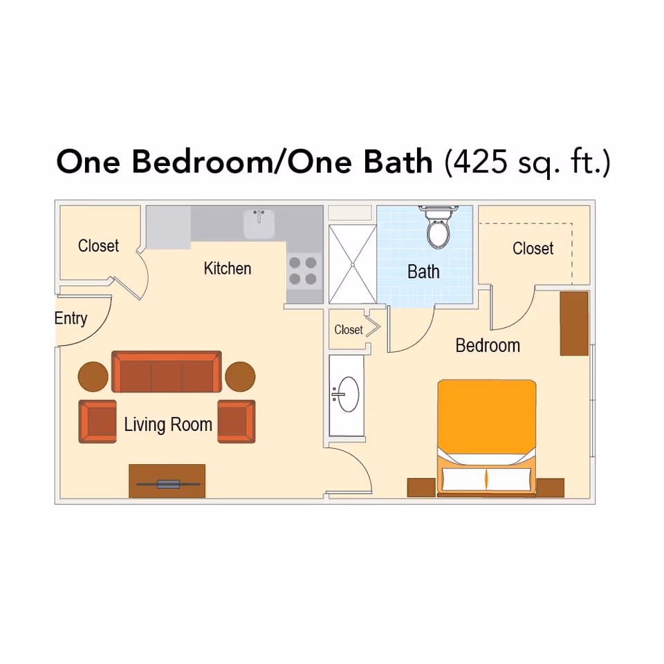 Floor plan of a one bedroom, one bath apartment with 425 square feet. The layout includes an entry leading to a living room with a sofa, two chairs, and a TV stand. Adjacent to the living room is a kitchen with a sink and stove. The bathroom has a shower, toilet, and sink. The bedroom contains a bed, two nightstands, and a closet. Additional closets are located near the entry and bathroom.