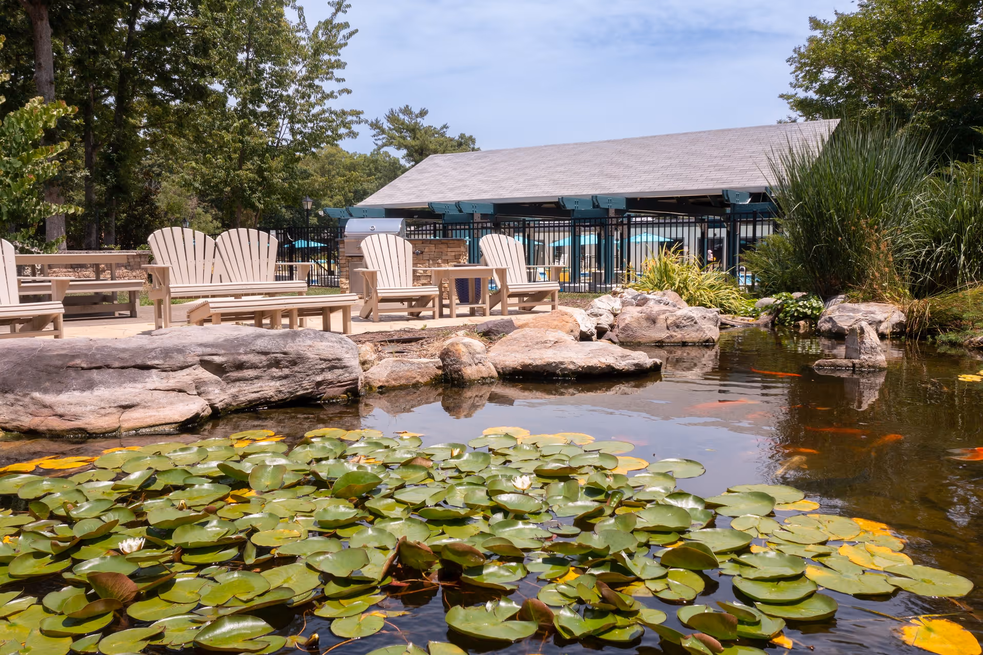 Outdoor seating area with beige Adirondack chairs and benches near a pond filled with lily pads and orange fish, surrounded by rocks and greenery. In the background, there is a building with a gray roof and a fenced pool area with blue umbrellas.