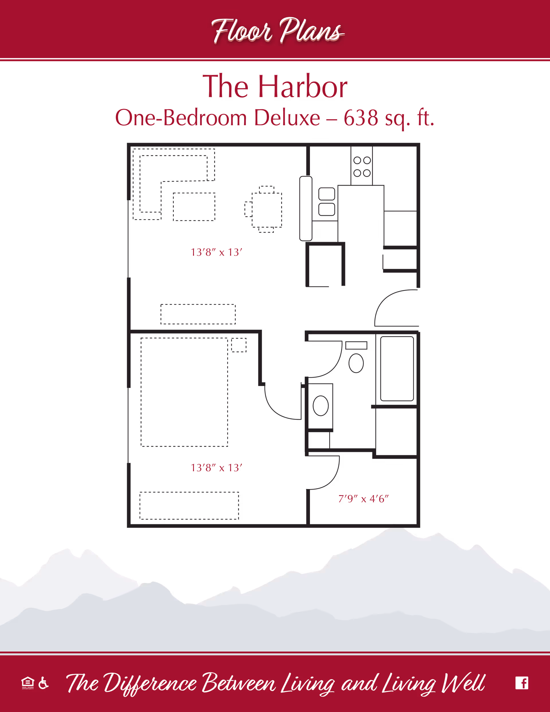 Floor plan titled 'The Harbor' showing a one-bedroom deluxe apartment layout of 638 square feet. The plan includes a living area, kitchen, bedroom, and bathroom with dimensions labeled for each space.