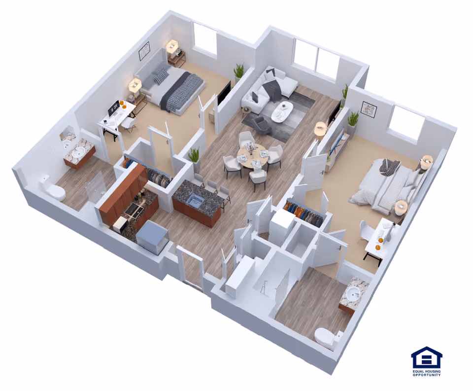 3D floor plan of an apartment with two bedrooms, two bathrooms, a kitchen, a dining area, and a living room. The bedrooms each have a bed, nightstands, and a desk. The kitchen includes appliances and a countertop with bar stools. The living room has a sofa, chair, coffee table, and TV. The bathrooms have a toilet, sink, and shower. There are windows in each room and plants for decoration.