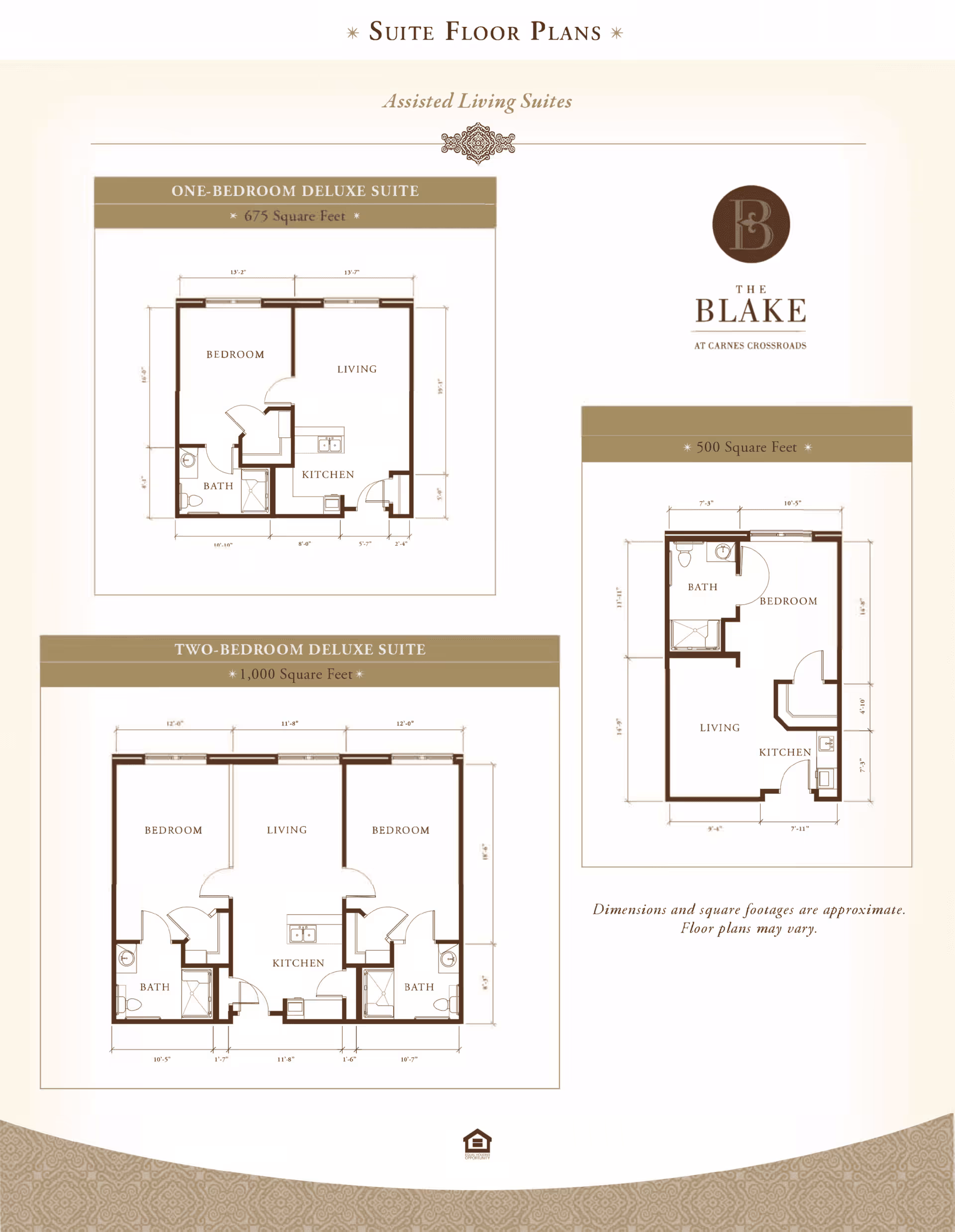 Suite floor plans for The Blake at Carnes Crossroads showing layouts for one-bedroom deluxe suite (675 square feet), two-bedroom deluxe suite (1,000 square feet), and a smaller suite (500 square feet). Each plan includes labeled rooms such as bedroom, living, kitchen, and bath with dimensions.