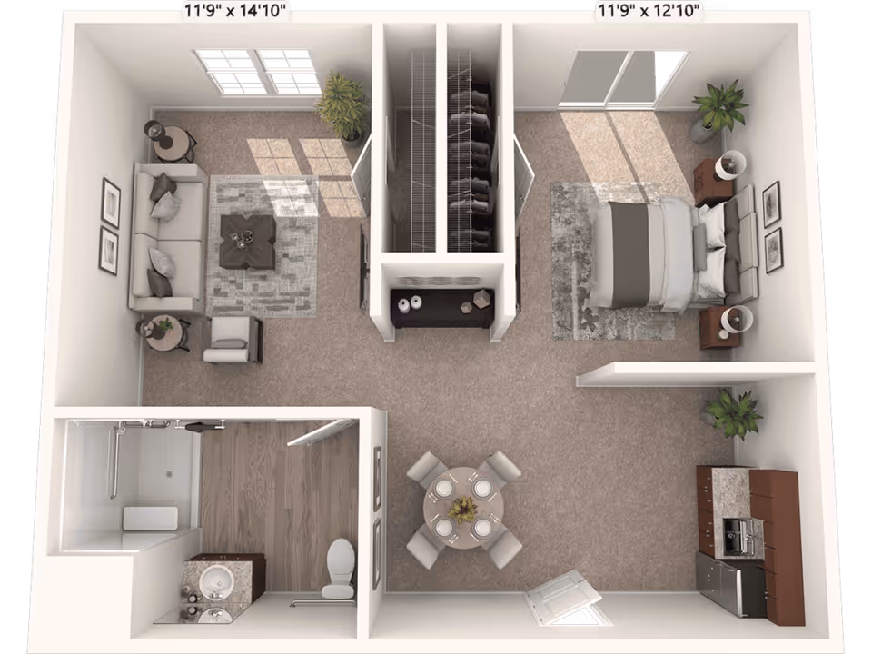 3D floor plan of a one-bedroom apartment featuring a living room with a sofa, armchair, coffee table, and side tables; a bedroom with a bed, nightstands, and plants; a kitchen area with cabinets, a stove, and a refrigerator; a dining area with a round table and four chairs; and a bathroom with a shower, toilet, and sink. The apartment has carpeted floors except for the bathroom which has wood flooring.
