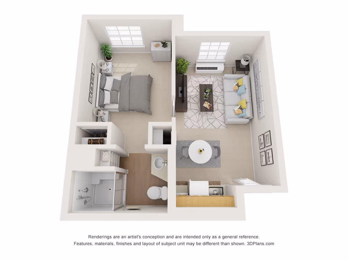 3D floor plan of a one-bedroom apartment featuring a bedroom with a bed, nightstands, and a dresser; a living room with a sofa, coffee table, TV stand, and plants; a small dining area with a round table and two chairs; a kitchen with a sink and cabinets; and a bathroom with a shower, toilet, and sink.