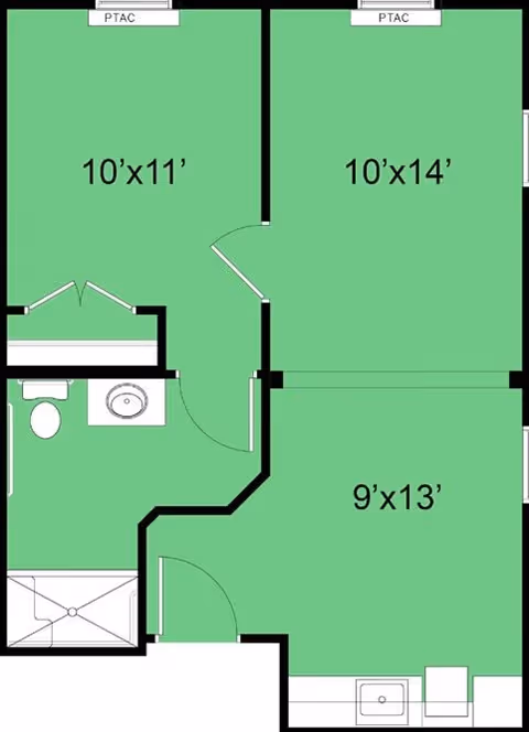 Floor plan layout showing three rooms with dimensions 10'x11', 10'x14', and 9'x13'. The plan includes a bathroom with a toilet, sink, and shower, and a small kitchen area with a sink and appliances.