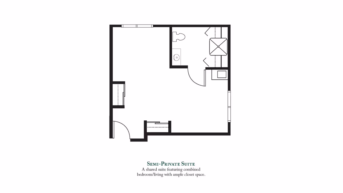 Floor plan of a semi-private suite showing a combined bedroom and living area with ample closet space, and a bathroom with a toilet, sink, and shower.