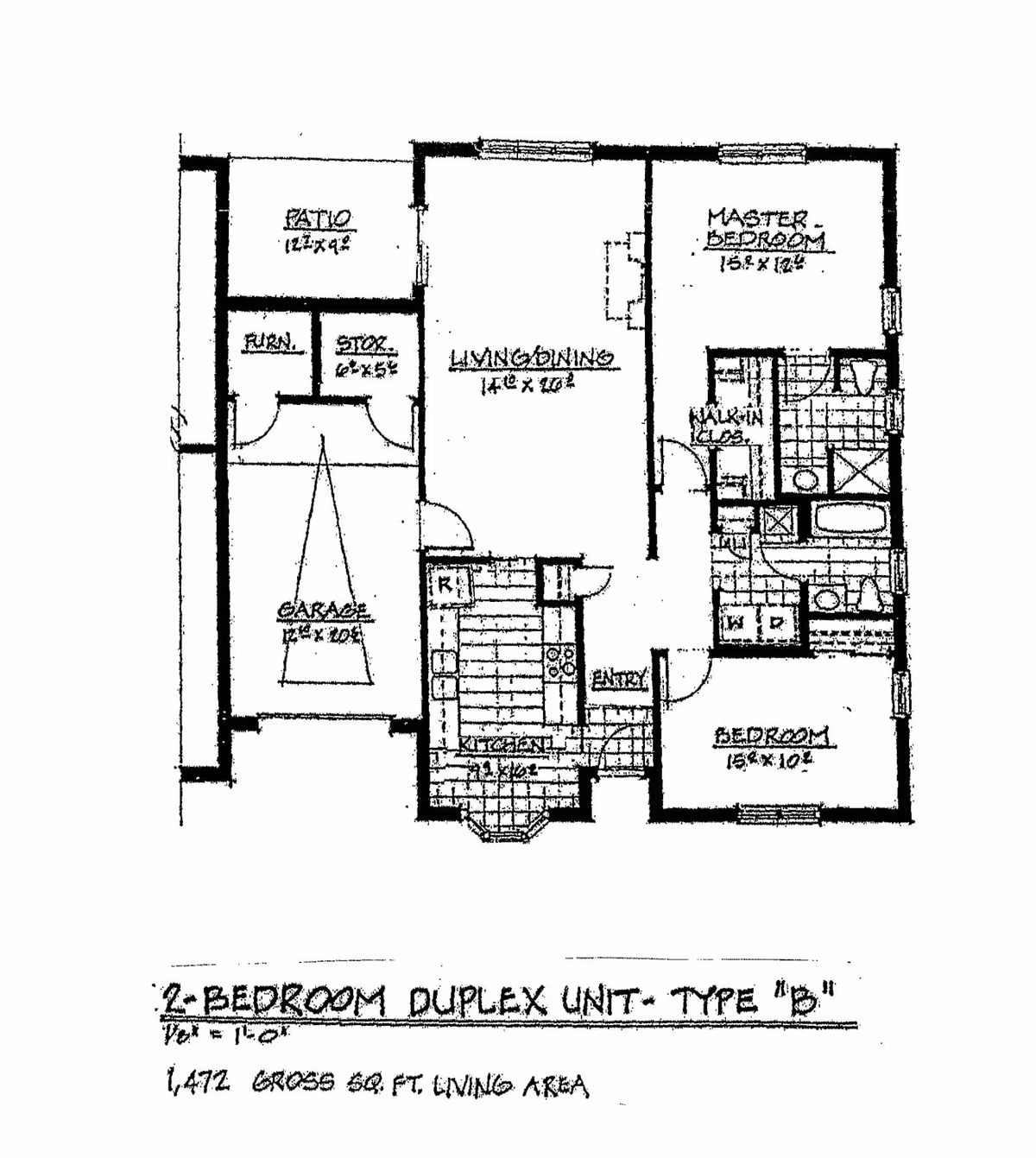Architectural floor plan of a 2-bedroom duplex unit type B, showing a layout with a garage, patio, living/dining area, kitchen, master bedroom with walk-in closet and bathroom, a second bedroom, and an entry area. The total gross living area is 1,472 square feet.