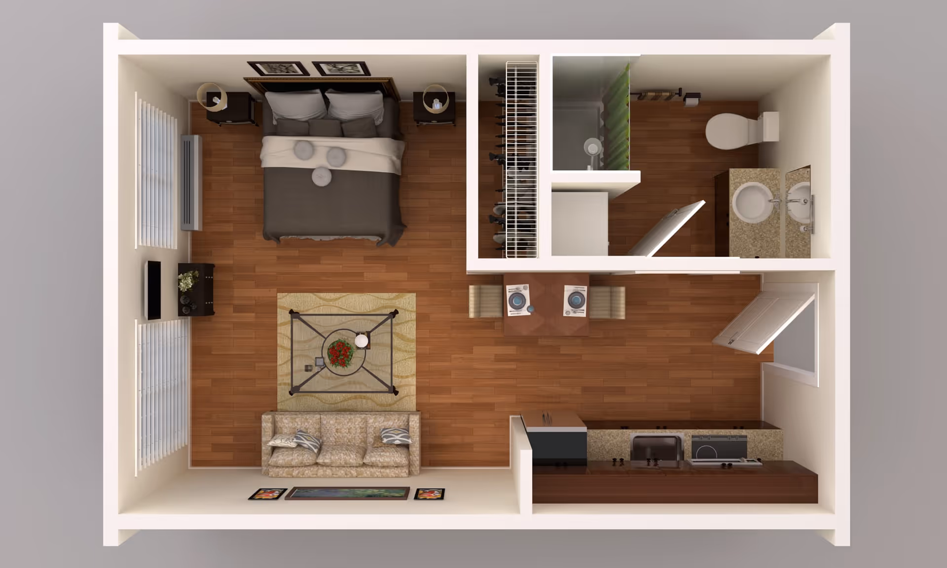 Top-down view of a senior living studio apartment floor plan featuring a bedroom area with a double bed, two nightstands, and a TV on a stand. Adjacent to the bedroom is a living area with a sofa and a coffee table on a rug. The kitchen area includes a sink, stove, and refrigerator, with a small dining table and two chairs nearby. A bathroom with a toilet, sink, and shower is located next to a closet with hanging clothes.