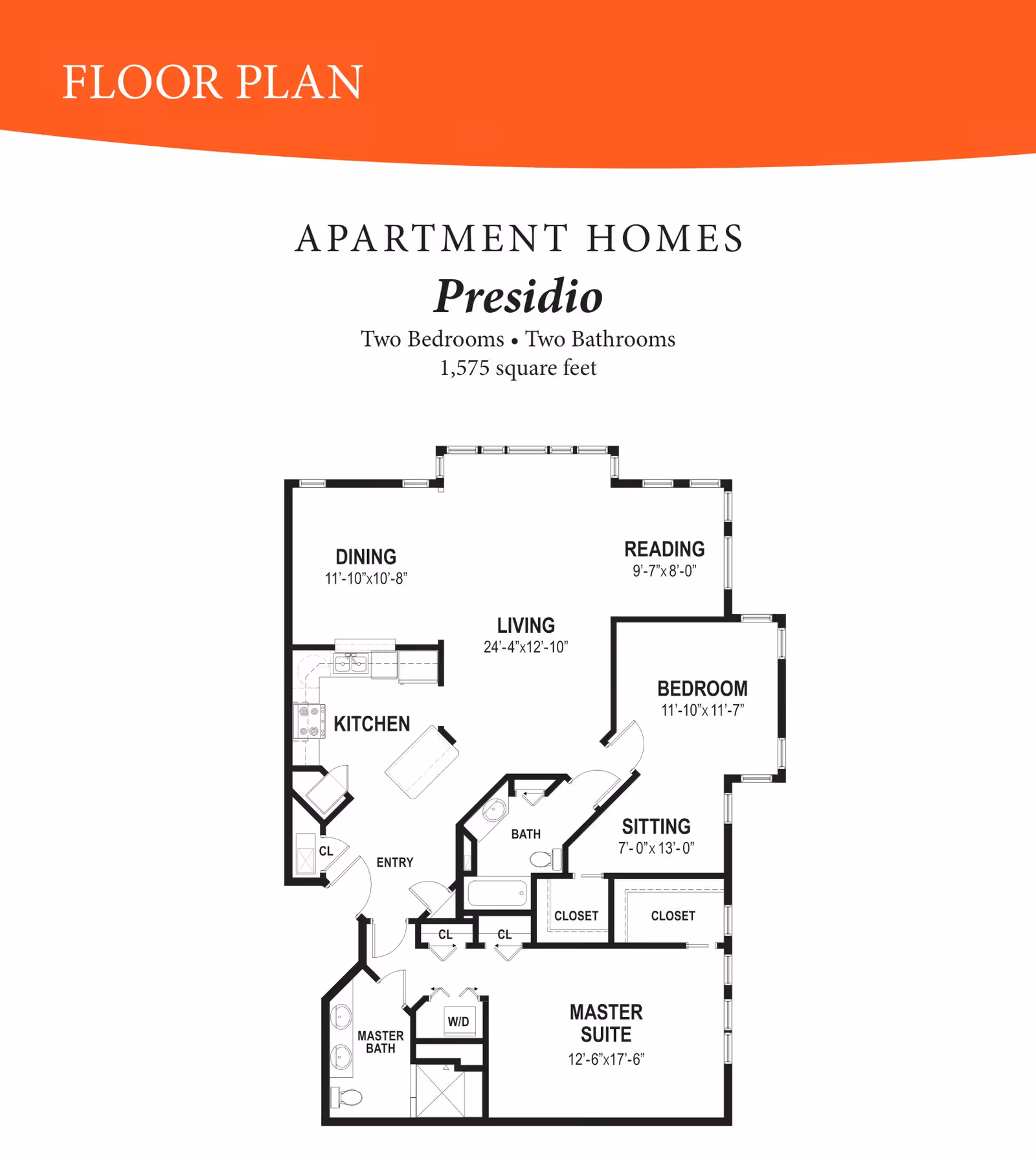Floor plan of the Presidio apartment home at Westminster St. Augustine, featuring two bedrooms, two bathrooms, a dining area, kitchen, living room, reading nook, sitting area, closets, and a master suite with master bath and washer/dryer area. The total area is 1,575 square feet.