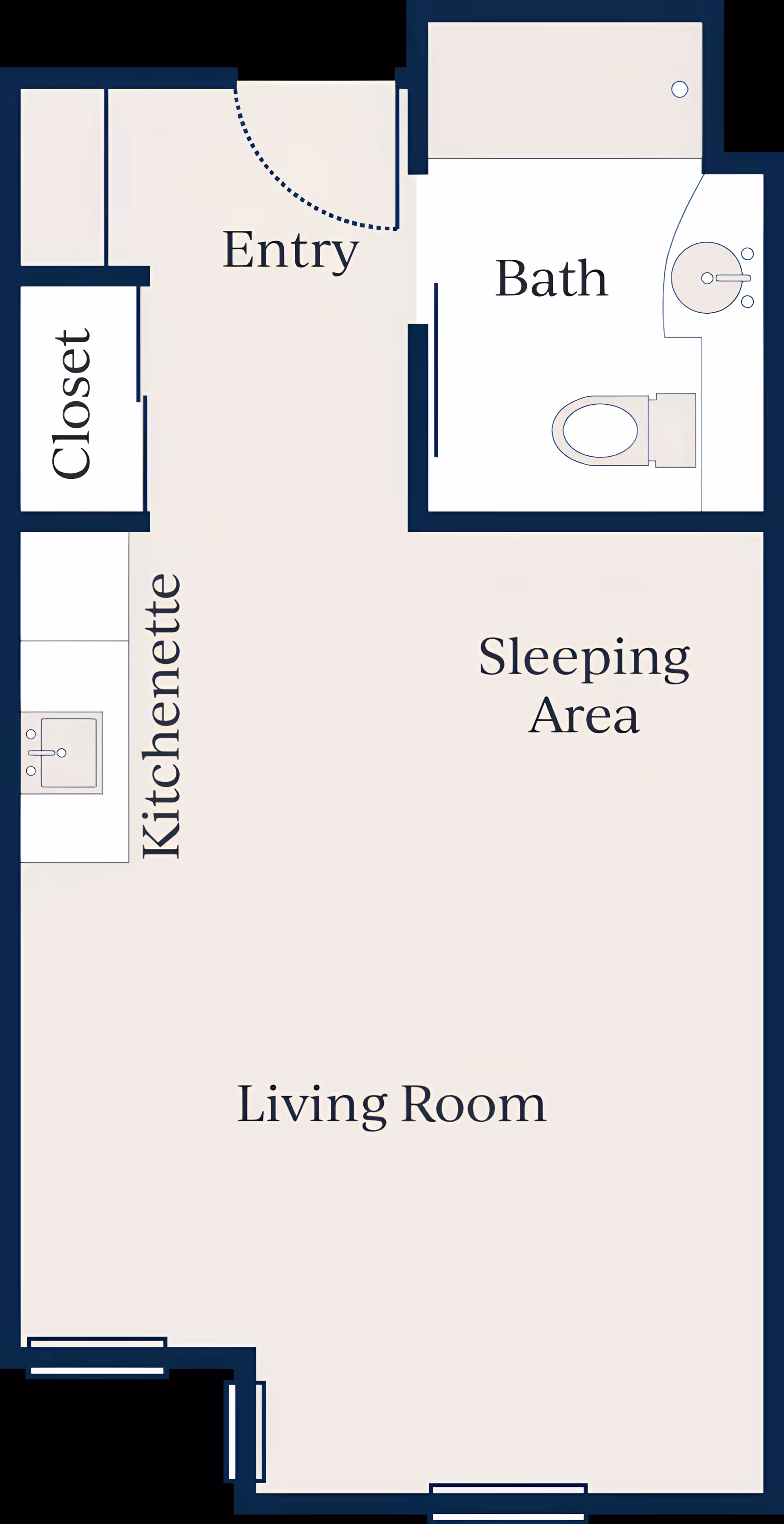 Floor plan of a living space at Nikkei Manor showing an entry area, closet, kitchenette with a sink, bath with toilet and sink, sleeping area, and living room.