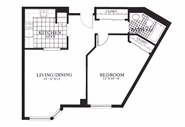 Floor plan of a one-bedroom apartment at The Gables at Winchester, showing a kitchen, living/dining area, bedroom, bathroom, and closets.