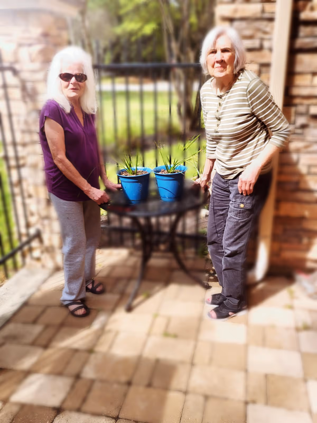 Two elderly women standing outside on a paved patio next to a small round table with two blue pots containing plants. One woman is wearing a purple shirt, gray pants, and sunglasses, while the other is wearing a striped long-sleeve shirt and dark pants. There is a stone wall and black metal fence in the background with greenery visible beyond.