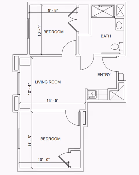 Architectural floor plan of a senior living unit at Camarillo Senior Living showing two bedrooms, a living room, a bathroom, and an entry area with dimensions labeled for each room.