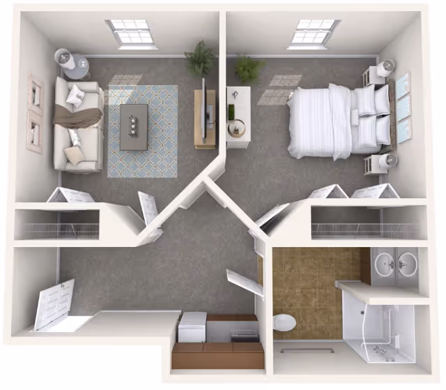 Top-down view of a one-bedroom apartment floor plan featuring a living room with a sofa, coffee table, TV, and side table, a bedroom with a bed, nightstands, and dresser, a kitchen area with appliances, and a bathroom with a shower, toilet, and double sink vanity.