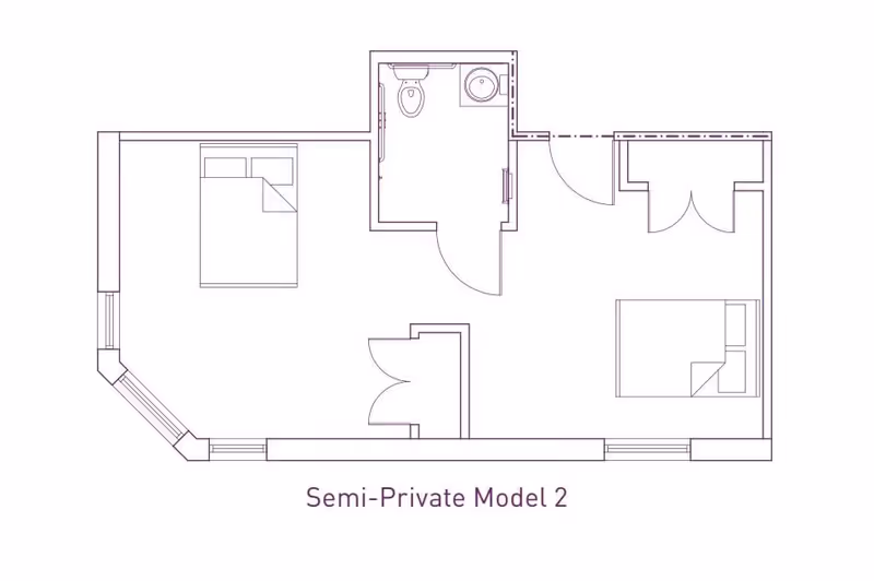 Architectural floor plan labeled Semi-Private Model 2 showing a layout with two beds in separate areas, a bathroom with a toilet and sink, and closet spaces.