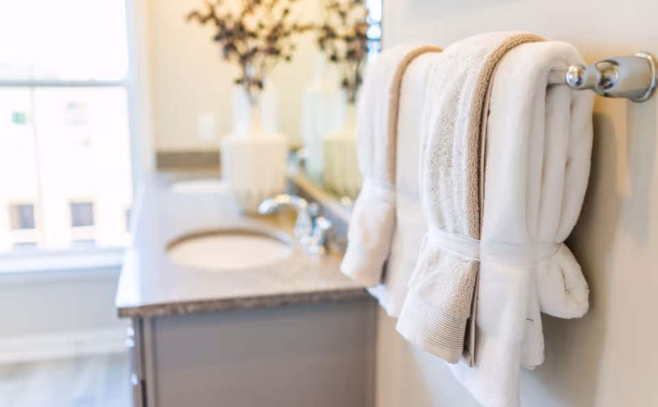 Two folded towels hanging on a towel rack beside a double-sink bathroom vanity with a window and decorative vase in the background.