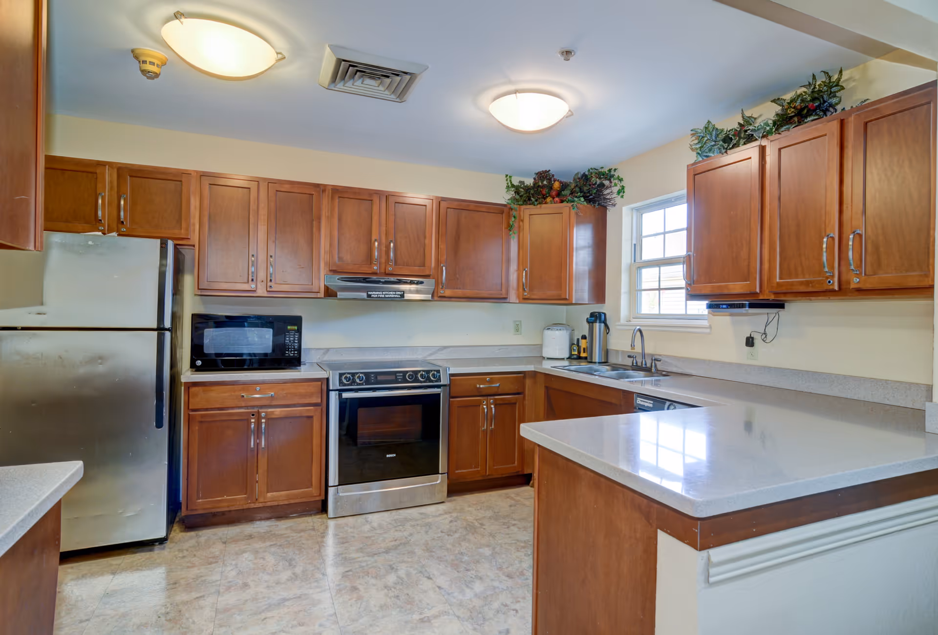 A clean kitchen with wooden cabinets, a stainless steel refrigerator, a microwave, an electric stove, a double sink under a window, and a countertop with a light-colored surface. There are decorative plants on top of the cabinets and ceiling lights illuminating the space.