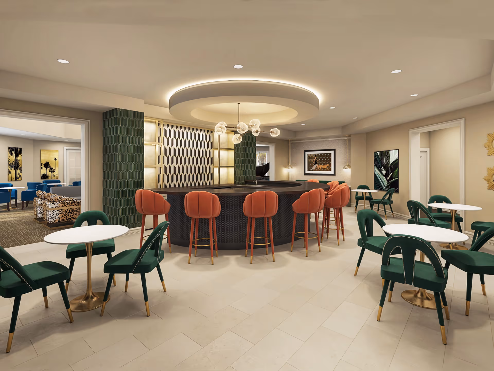 A modern and stylish common area with a circular bar in the center surrounded by orange bar stools. Around the bar, there are several small round tables with green chairs. The room features a decorative ceiling light fixture, patterned wall panels, and framed artwork on the walls. In the background, there is an adjoining room with additional seating including blue chairs and animal print sofas.