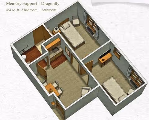 3D-rendered floor plan of a two-bedroom, one-bath apartment showing two bedrooms, a living area, and a small kitchenette.