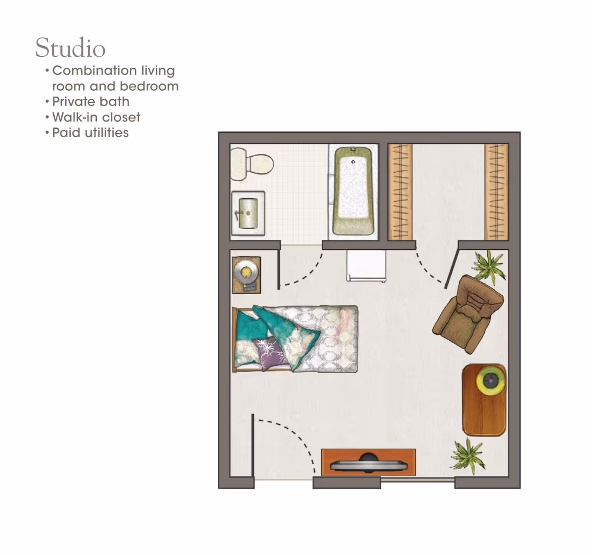 Floor plan of a studio apartment showing a combination living room and bedroom area with a bed, armchair, table, and plants. The plan also includes a private bathroom with a toilet, sink, and bathtub, and a walk-in closet. Text on the image lists features: combination living room and bedroom, private bath, walk-in closet, and paid utilities.
