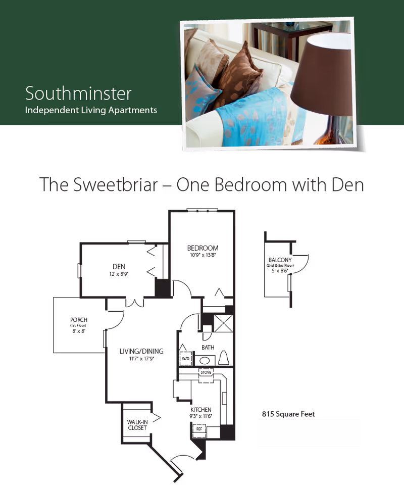 Floor plan layout of The Sweetbriar, a one-bedroom apartment with a den, porch, balcony, living/dining area, kitchen, bathroom, and walk-in closet. Includes dimensions for each room and total area of 815 square feet. Also shows a photo of a living room corner with a white couch, decorative pillows, a blue throw, and a table lamp.
