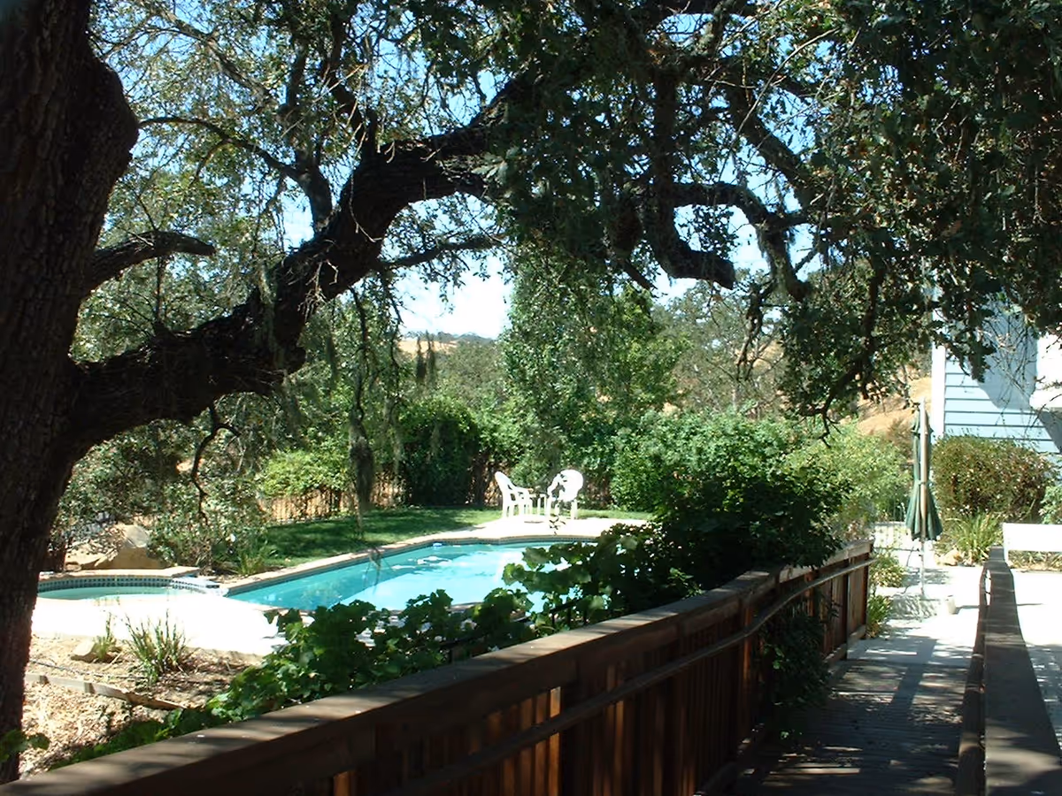 Outdoor area with a swimming pool surrounded by greenery and trees. There are two white plastic chairs near the pool on a grassy patch. A wooden railing runs along a pathway leading towards the pool area. Part of a building with light blue siding is visible on the right side.