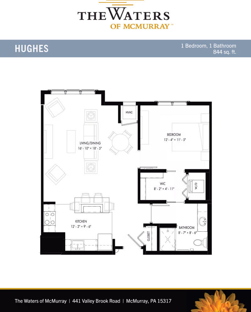 Black-background floor plan titled "Hughes" showing a labeled 1-bedroom, 1-bathroom apartment layout with measurements and "The Waters of McMurray" branding.