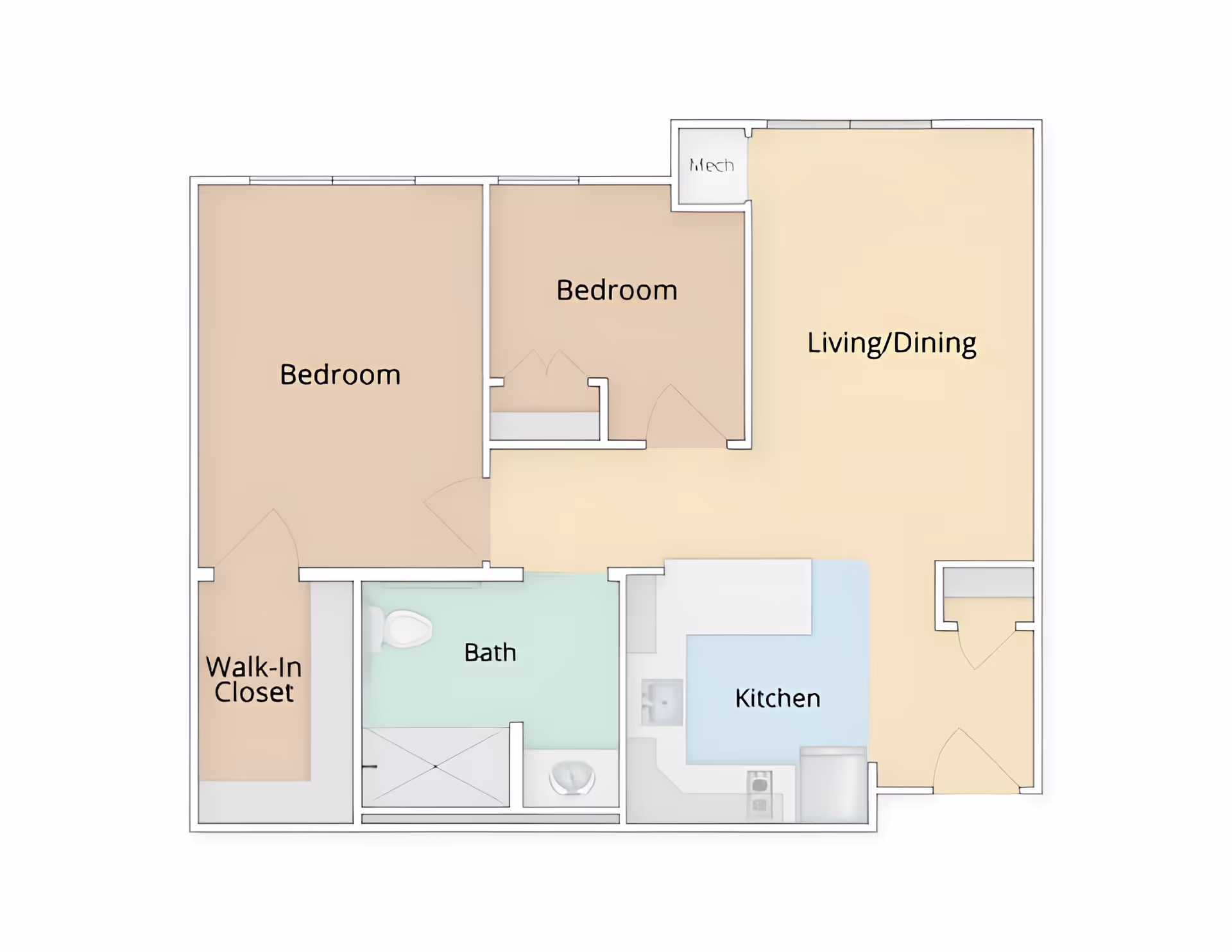 Floor plan of a living space at Stroudwater Lodge showing two bedrooms, a walk-in closet, a bathroom, a kitchen, and a combined living and dining area.