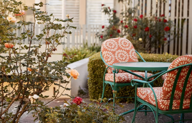 A small outdoor patio with a green metal table and two patterned orange chairs surrounded by blooming rose bushes and hedges.