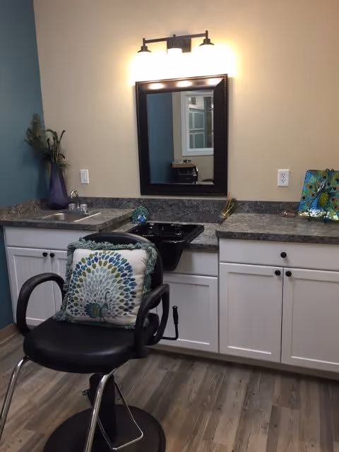 Interior view of a salon or grooming area with a black salon chair featuring a decorative peacock feather cushion. The room has white cabinets with granite countertops, a black sink, a wall-mounted mirror with a light fixture above it, and decorative items including a vase with flowers and colorful peacock-themed plates.