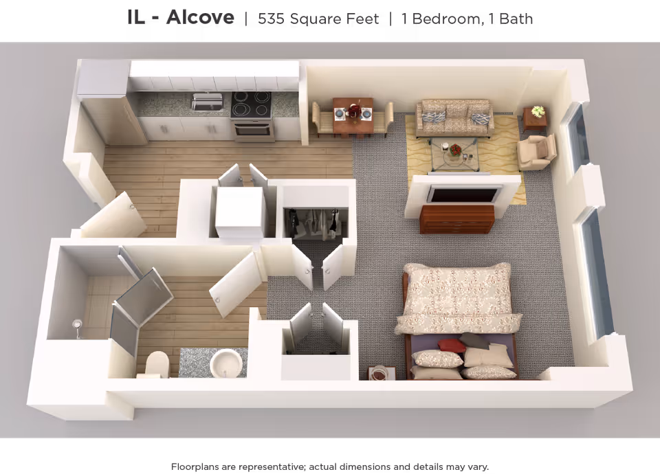3D floor plan of a 535 square feet one-bedroom, one-bath apartment featuring a kitchen with appliances, a dining area with a table and two chairs, a living area with a sofa, armchair, coffee table, and TV, a bedroom with a bed and nightstand, a bathroom with a shower, toilet, and sink, and closets near the entrance.