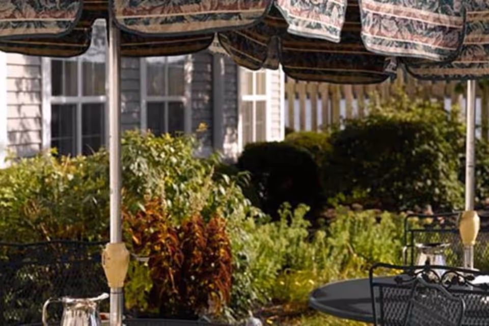 Outdoor patio with metal tables and patterned umbrellas surrounded by greenery and building windows.