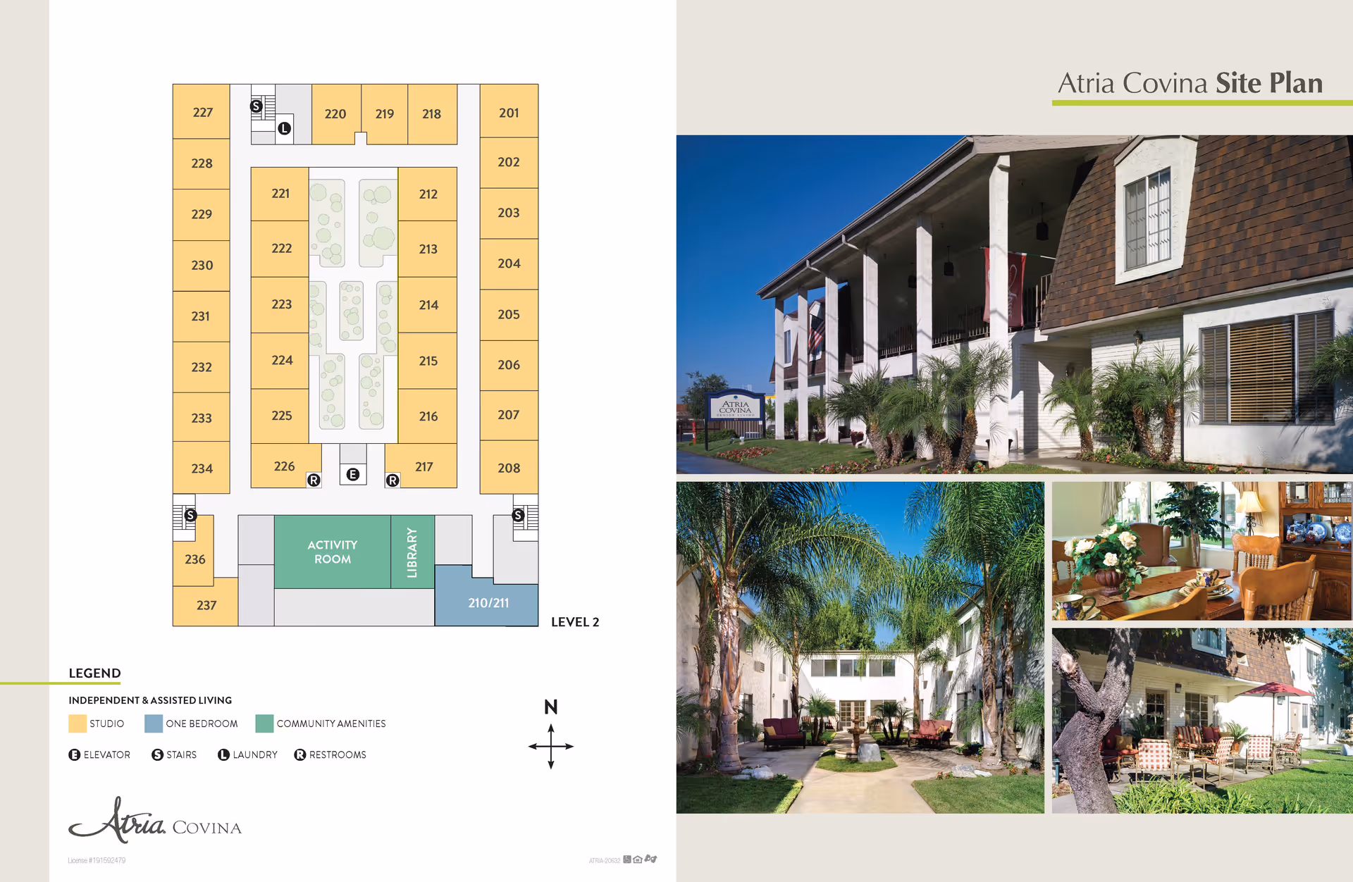 Atria Covina site plan showing the layout of level 2 with independent and assisted living units, community amenities including an activity room and library, and locations of elevators, stairs, laundry, and restrooms. Accompanying photos show the exterior of the building with columns and landscaping, an outdoor courtyard with palm trees and seating, a dining area with wooden furniture and floral centerpiece, and an outdoor patio with tables and chairs under umbrellas.