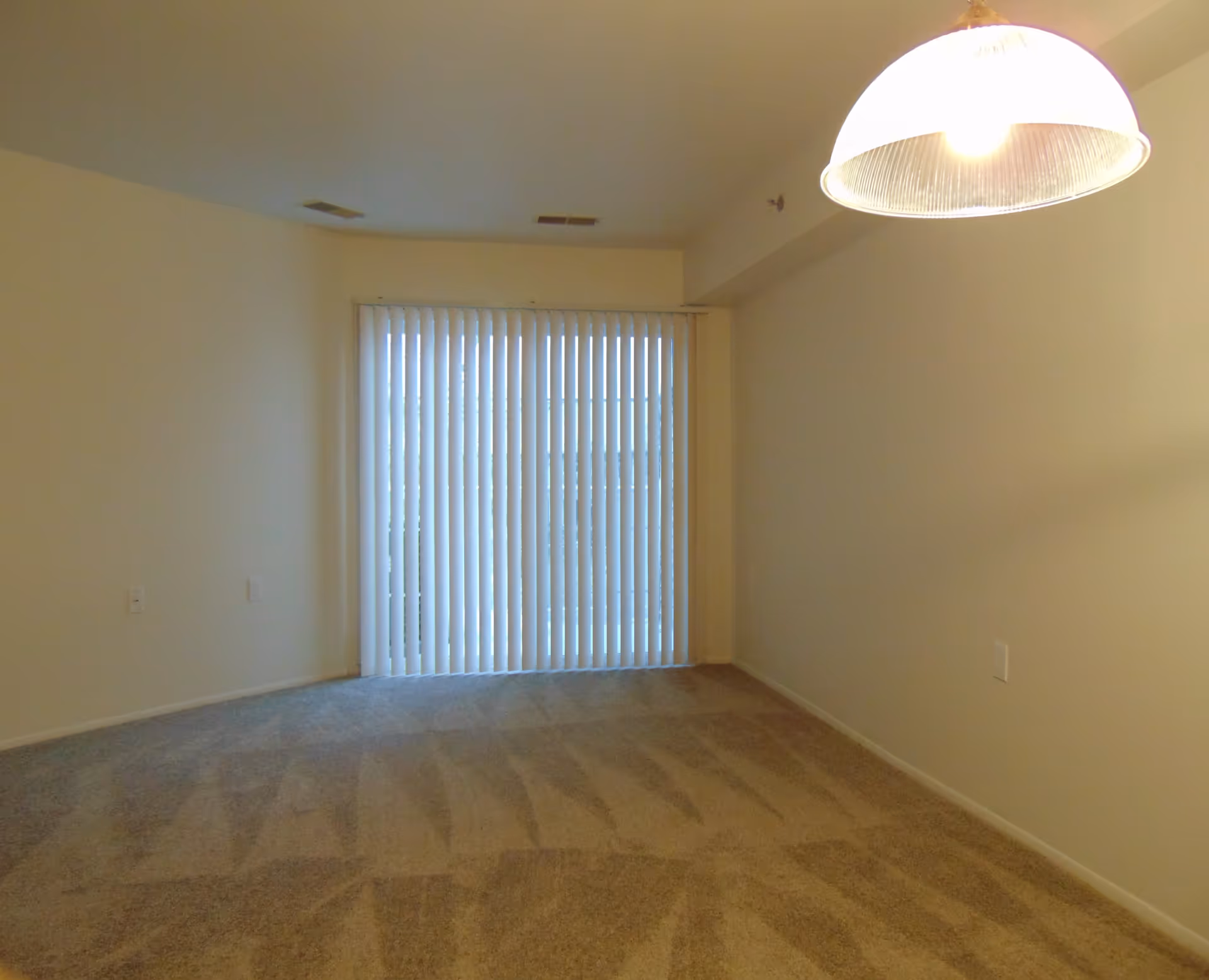 Empty room with beige carpet and cream-colored walls, vertical blinds covering a sliding glass door, and a ceiling light fixture with a dome-shaped cover.