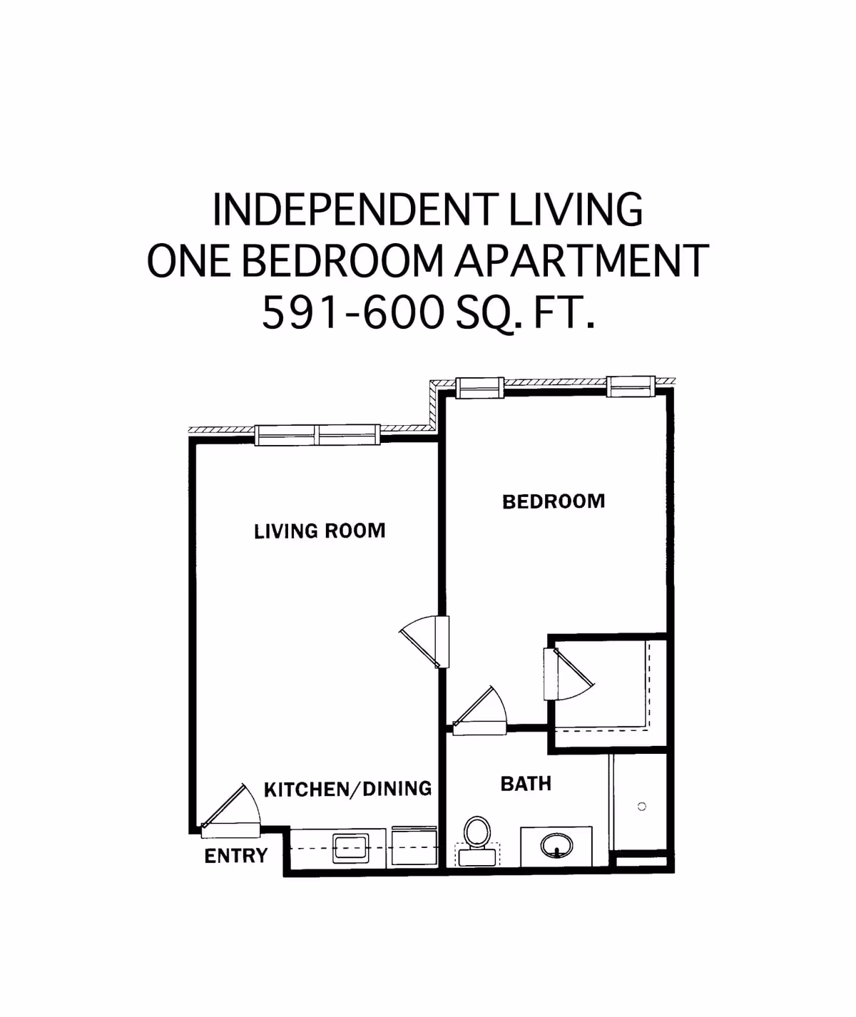 Floor plan of an independent living one bedroom apartment measuring 591-600 square feet, showing a living room, kitchen/dining area, bedroom, and bathroom with labeled entry and fixtures.