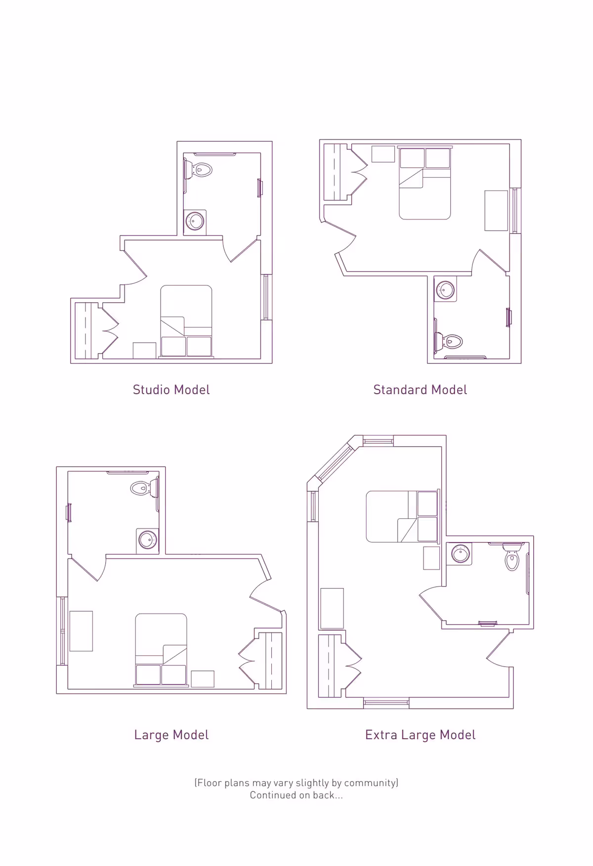 Architectural floor plans showing four different apartment layouts labeled Studio Model, Standard Model, Large Model, and Extra Large Model, each including a bedroom area and a bathroom.