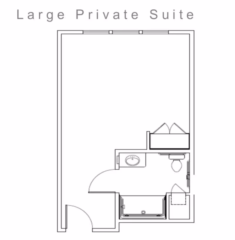 Floor plan layout of a large private suite showing a main room, a bathroom with a sink, toilet, and shower, and an entry door.